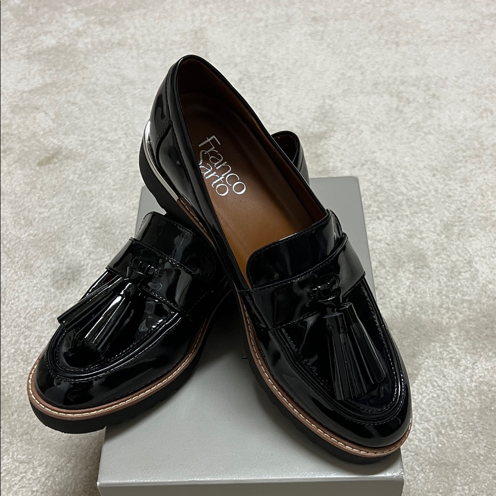 Franco Sarto Shiny Black Tassel Loafers
